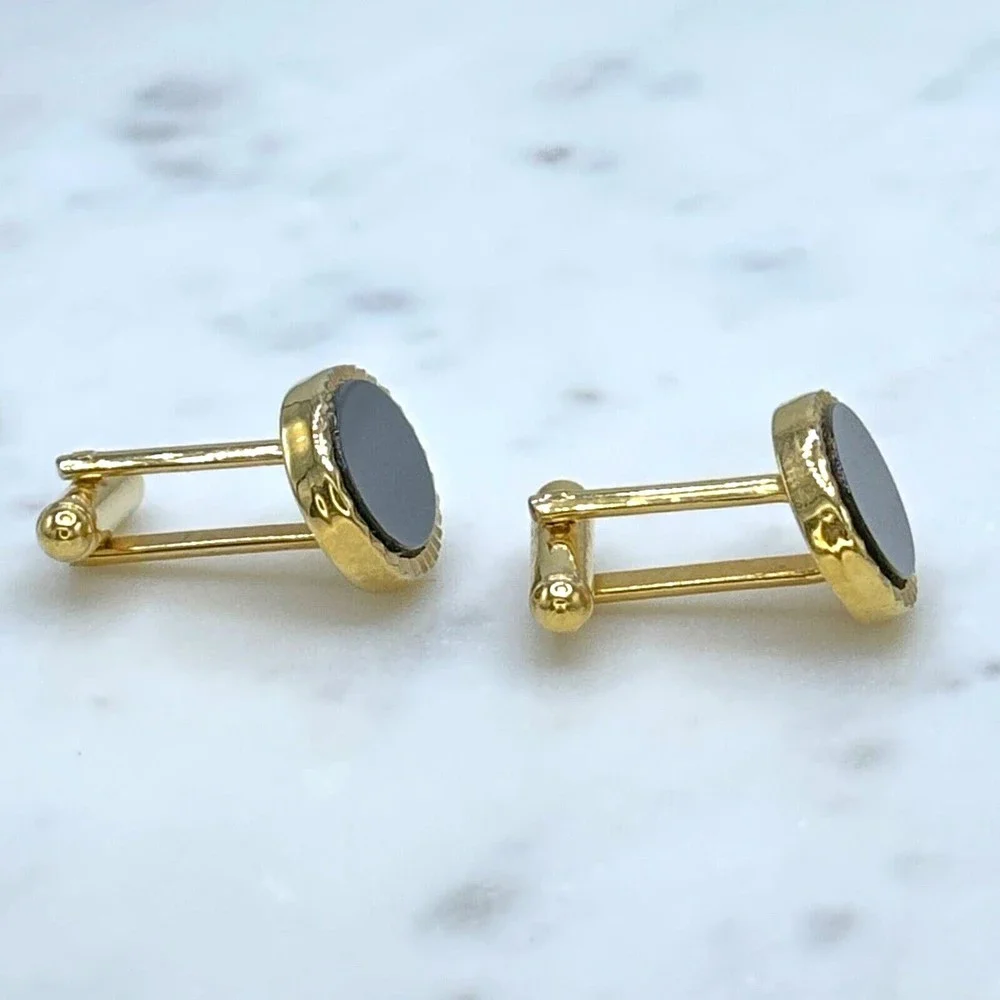 Vintage Oval Black Center & Gold Tone Bullet Back Elegant Formal Cufflinks